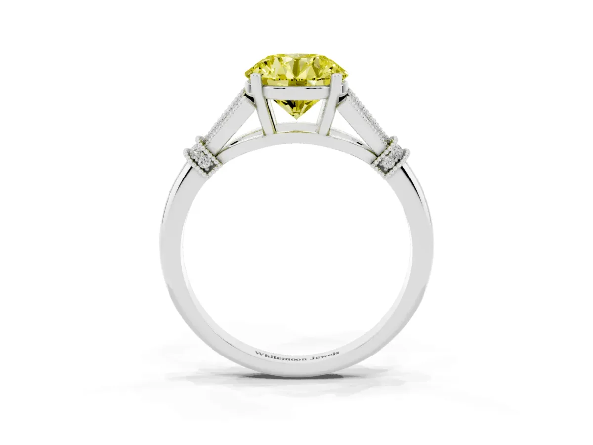 Fancy Yellow Round Cut Diamond Solitaire Ring with Floral Filigree and Pave Accents White gold