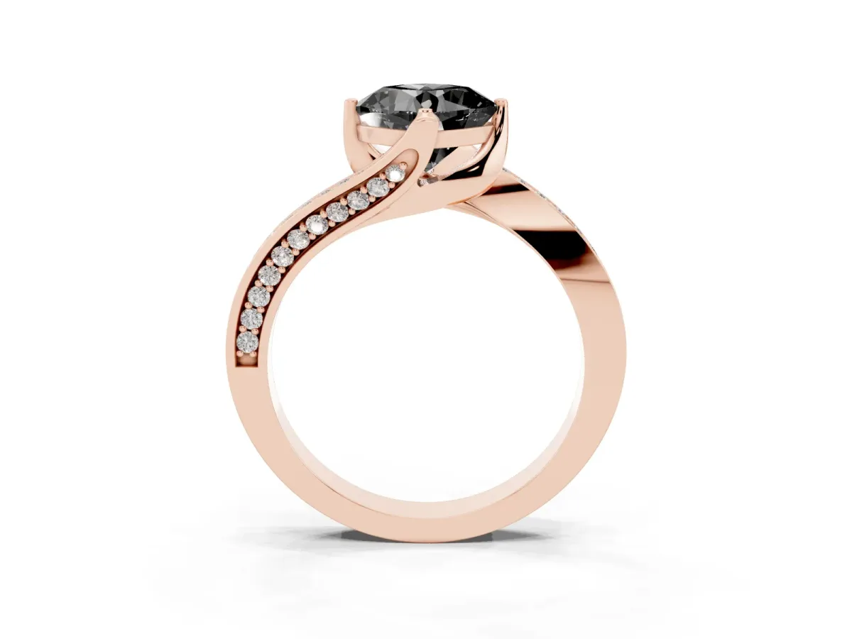 Fancy Black Cushion Cut Solitaire Diamond Twist Band with Pavé Setting and Four-Prong Setting Rose gold