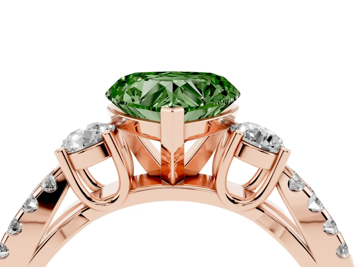 Fancy Green Heart Cut Diamond Three-Stone Ring with Pavé Split Shank and Four-Prong Setting Rose gold