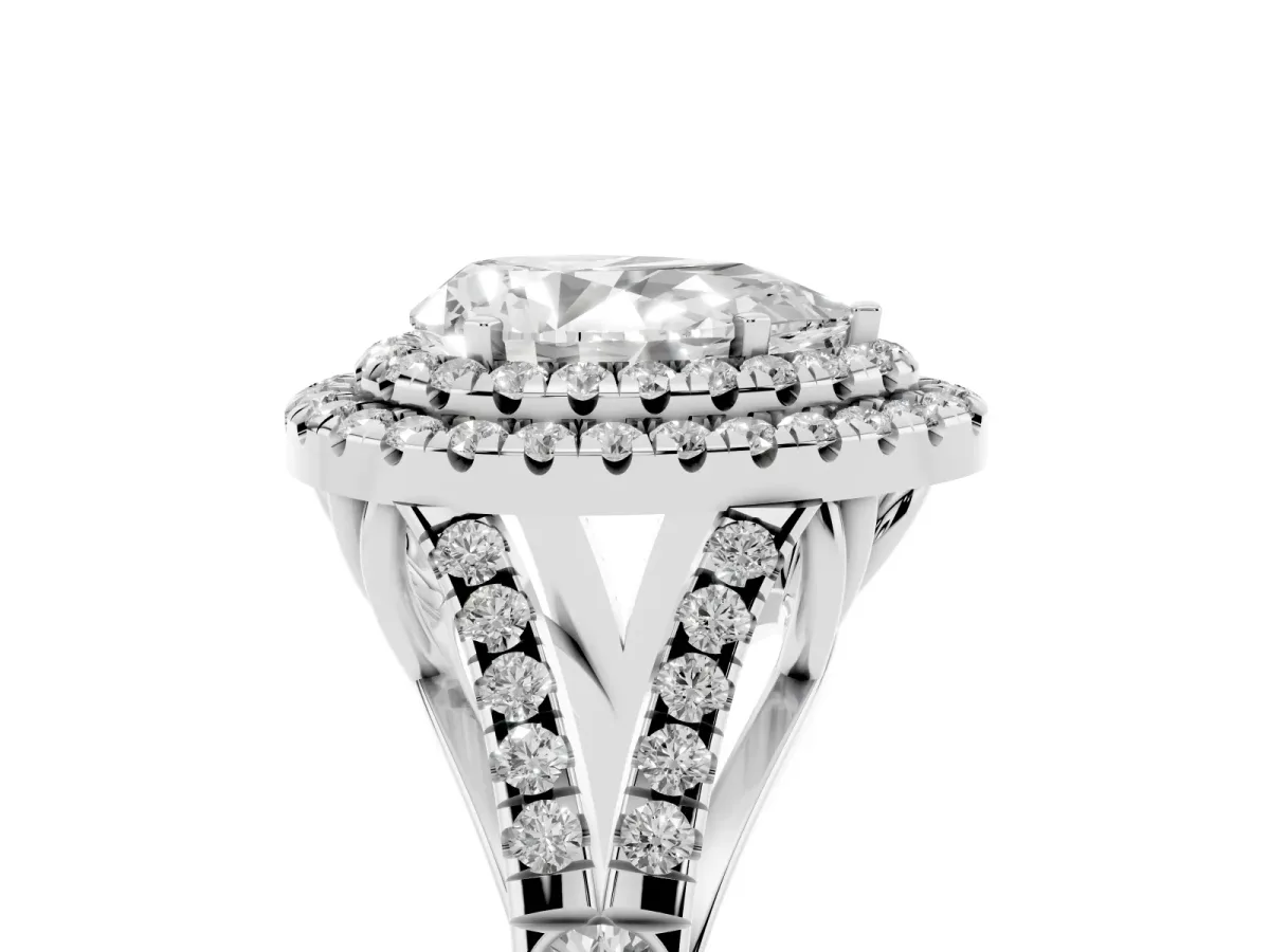 Pear Cut Diamond Double Halo Ring with Split Shank and Prong Setting White gold