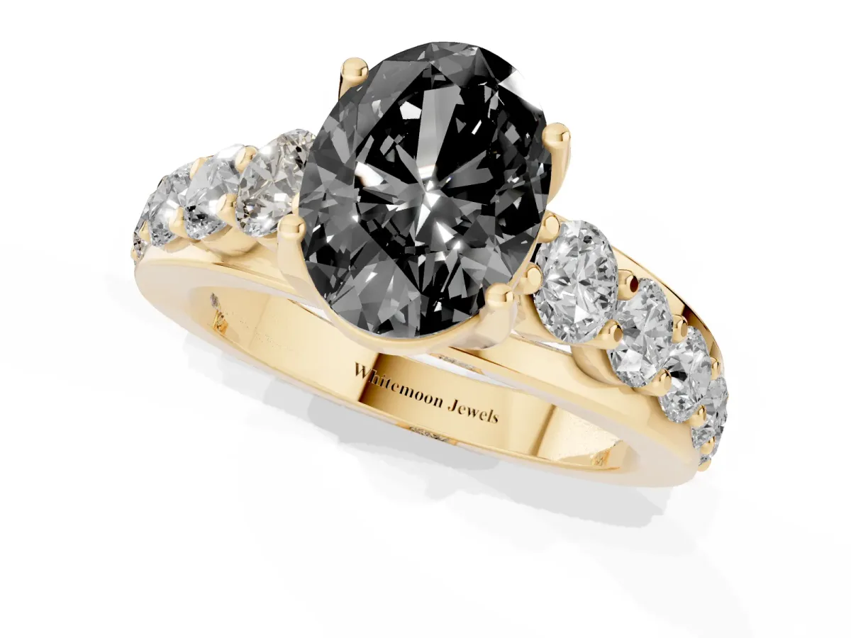 Fancy Black Oval Cut Diamond Engagement Ring with Pavé Band and Four-Prong Setting Yellow gold