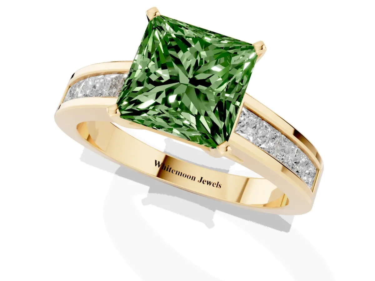 Fancy Green Princess Cut Solitaire Diamond Ring with Channel-Set Band and Four-Prong Setting Yellow gold