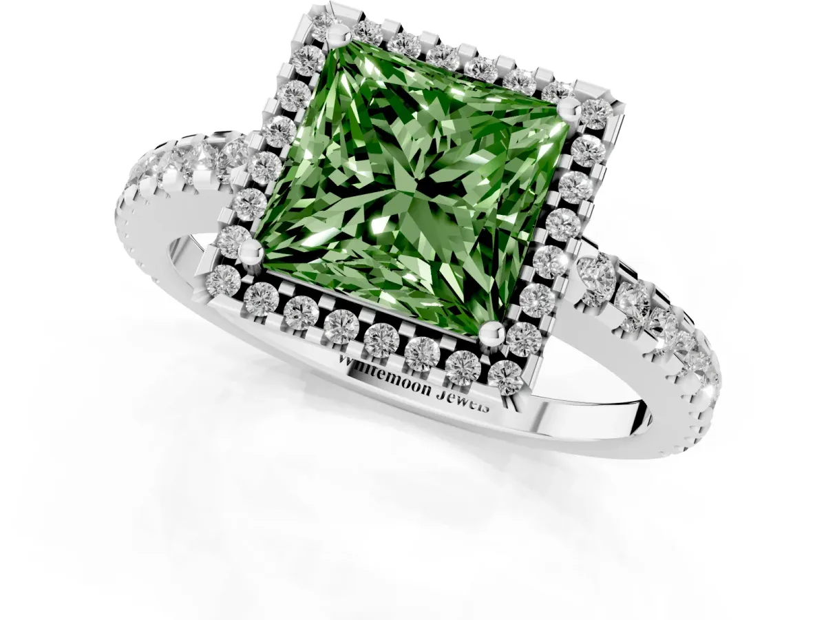 Fancy Green Princess Cut Diamond Halo Engagement Ring with Pavé Band and Prong Setting White gold