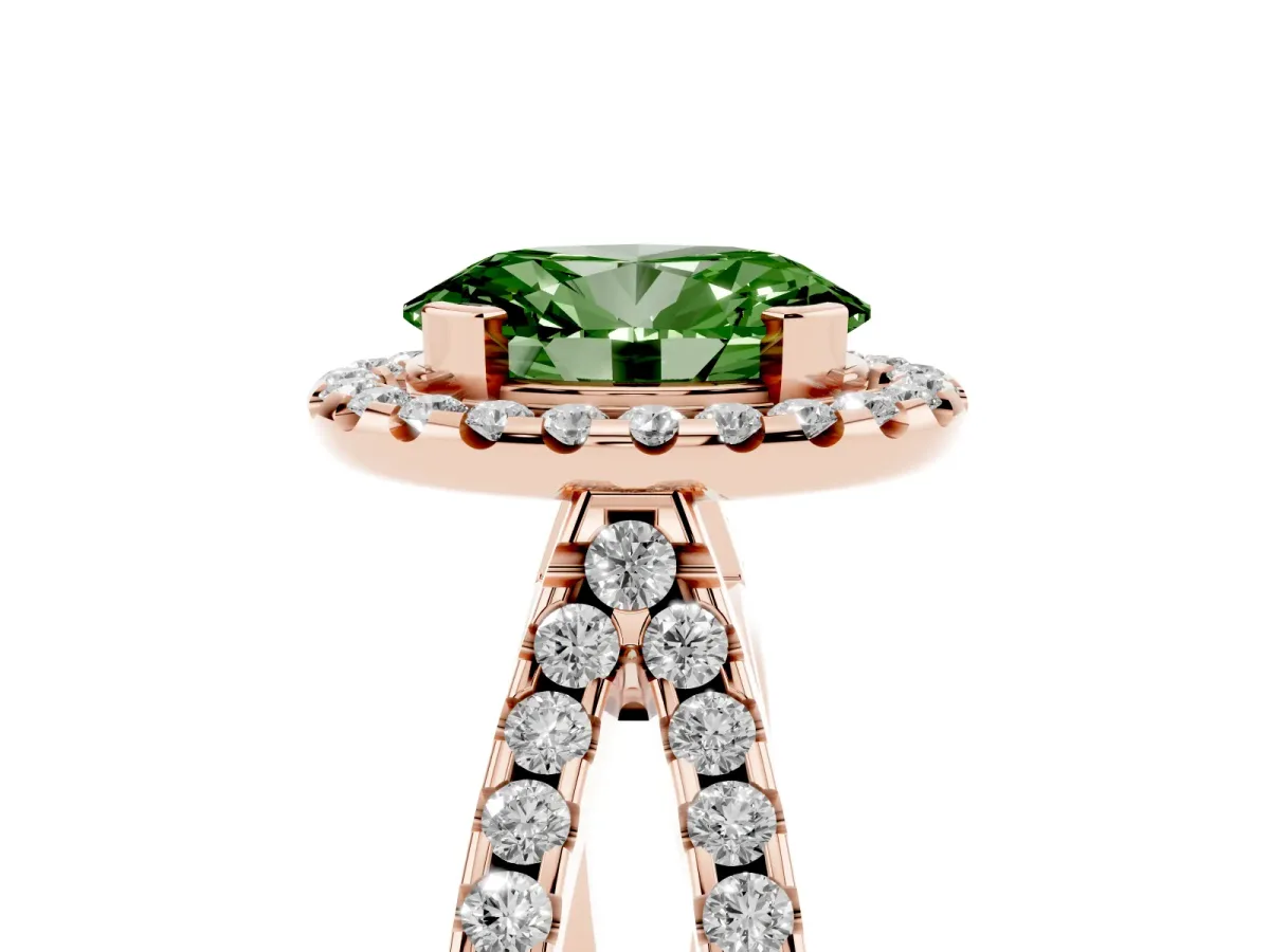 Fancy Green Oval Cut Diamond Halo Ring with Split Shank Pavé Band and Prong Setting Rose gold