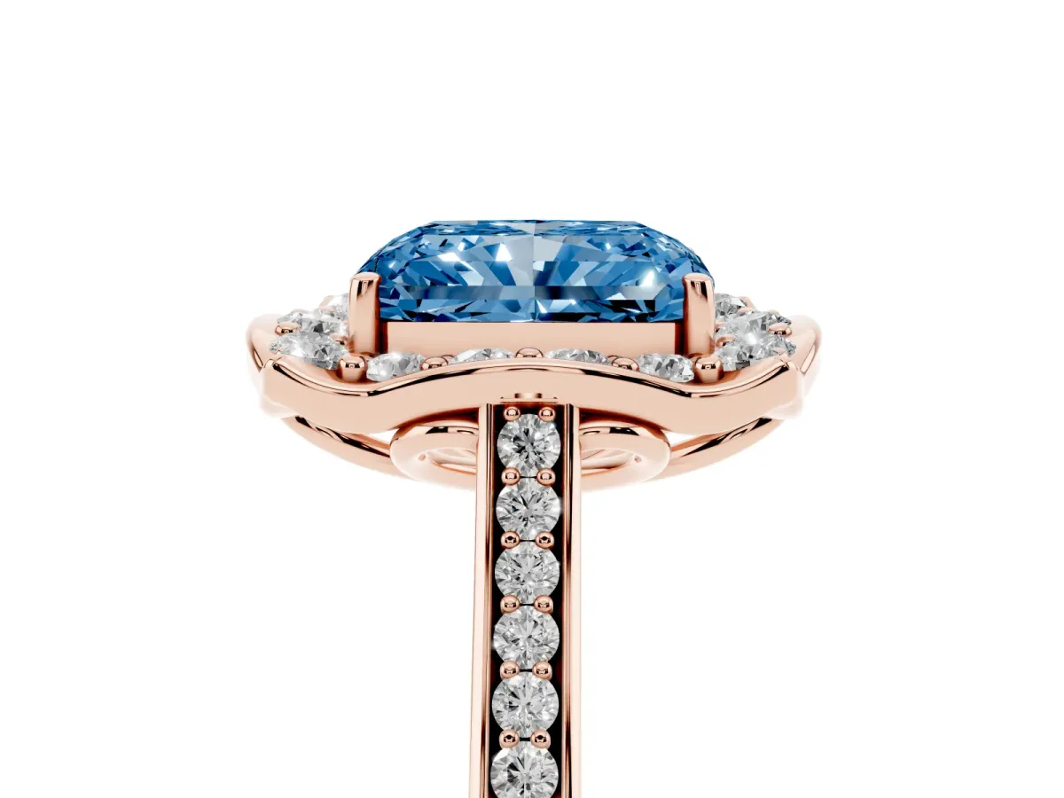 Fancy Blue Radiant Cut Halo Round Diamond Pave Band with Four-Prong Setting Rose gold