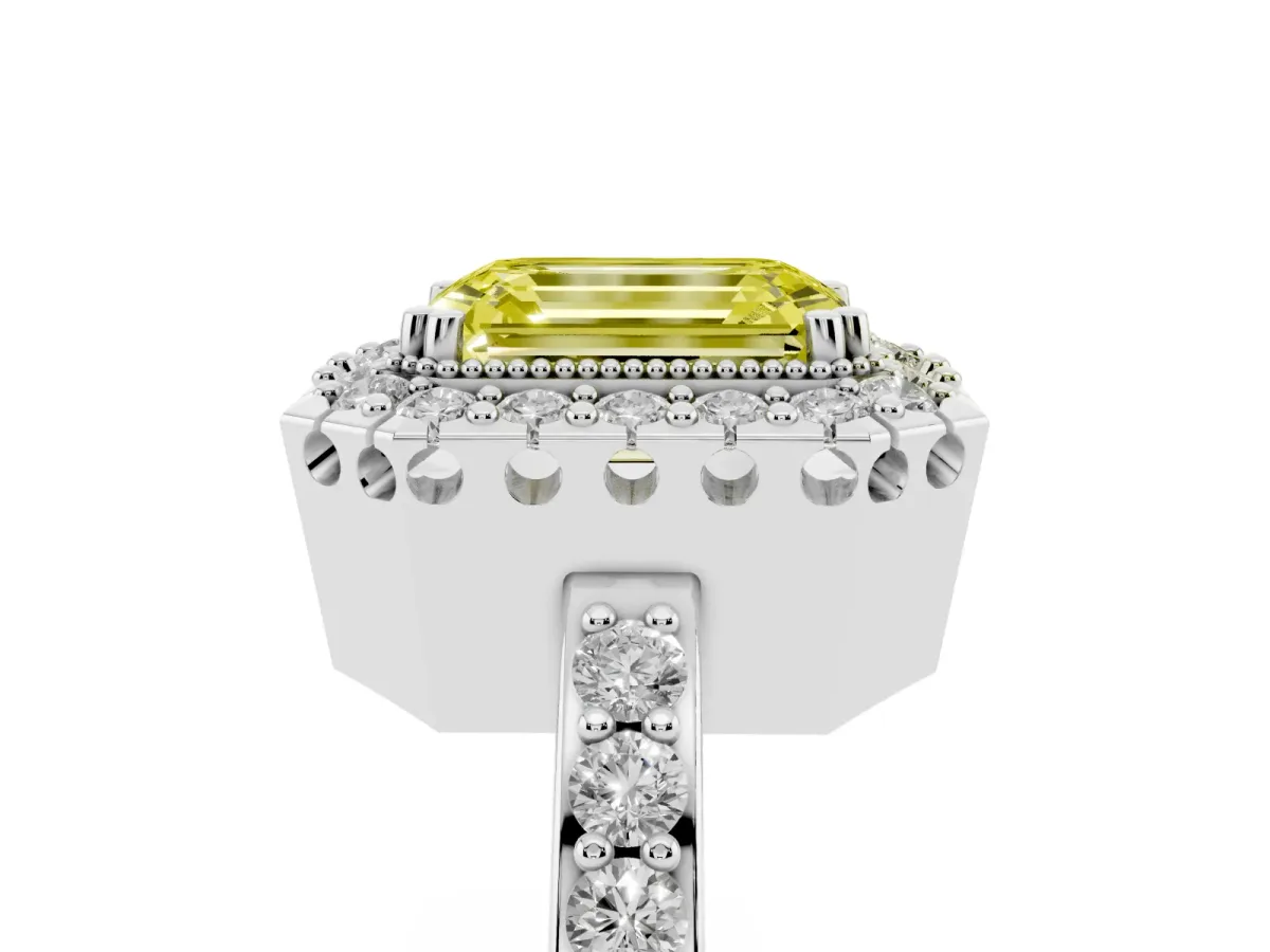 Fancy Yellow Emerald Cut Diamond Halo Ring with Pavé Band and Prong Setting Platinum
