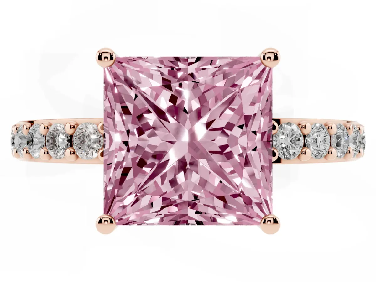 Fancy Pink Princess Cut Cut Diamond Solitaire with Pave Band and Four-Prong Setting Rose gold