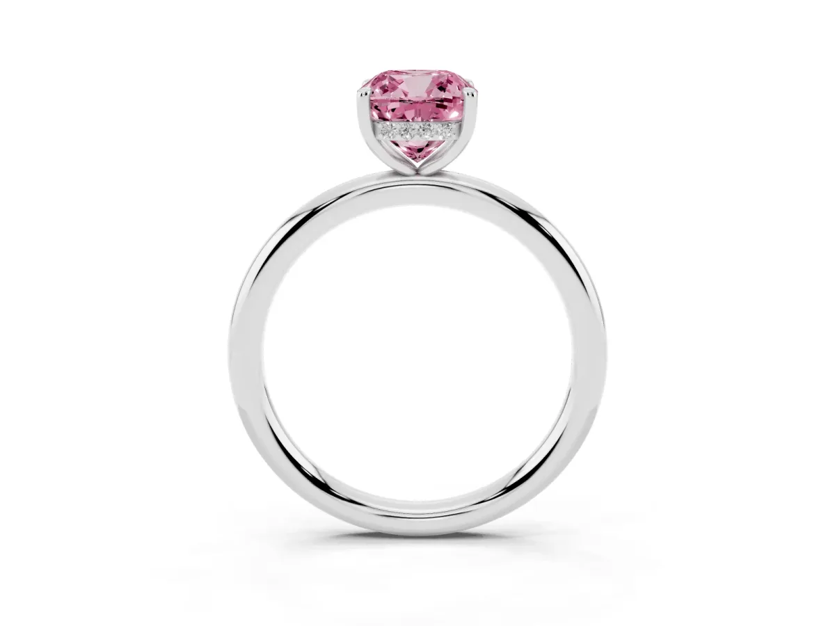 Fancy Pink Cushion Cut Diamond Solitaire Ring with Thin Band and Four-Prong Setting Platinum