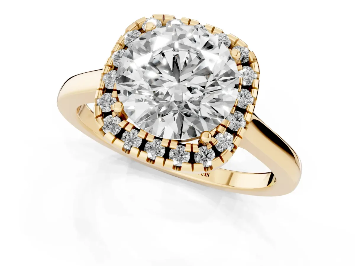 Round Cut Halo Round Diamond Solitaire Ring with Pavé Band and Four-Prong Setting Yellow gold