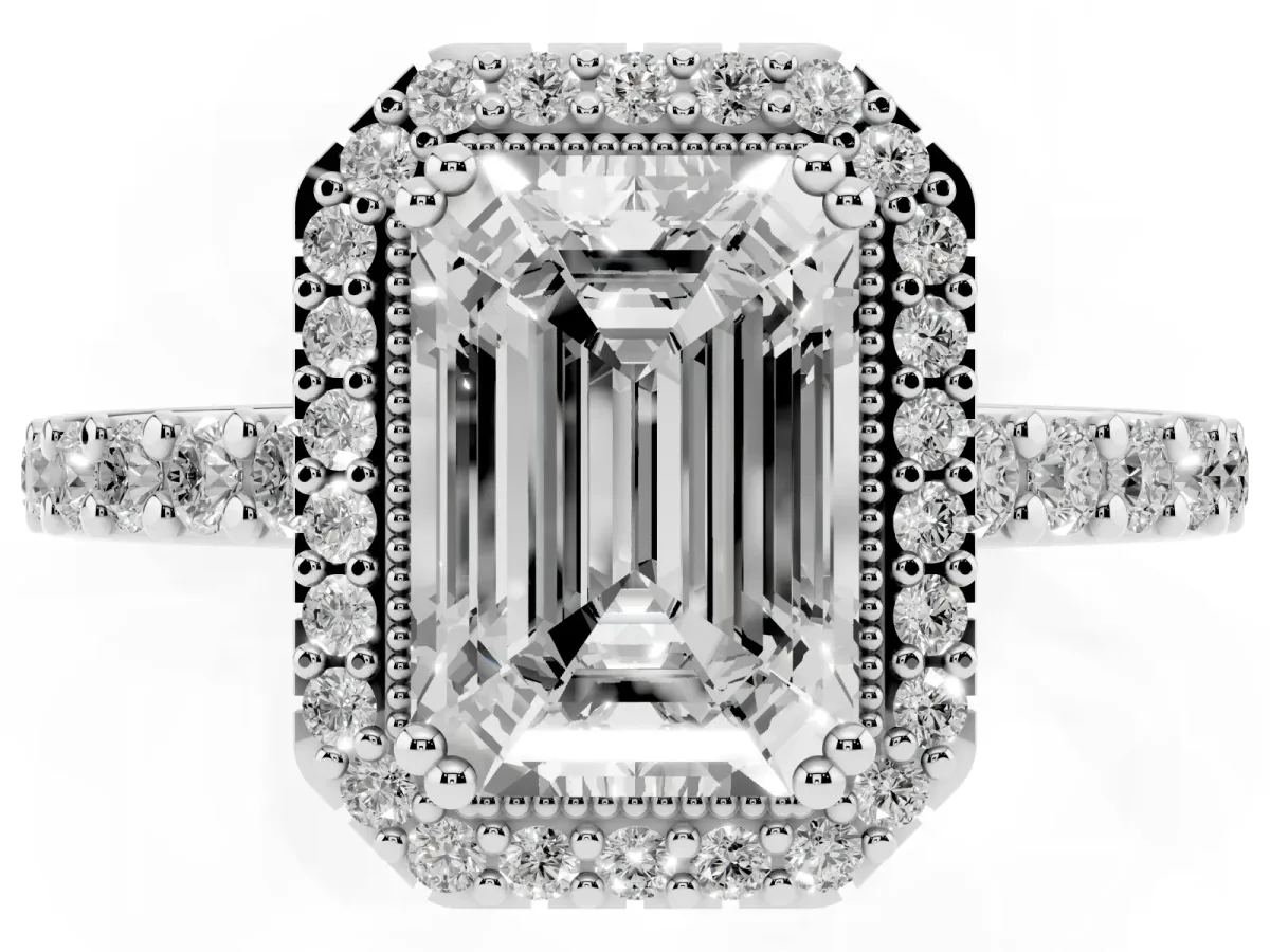 Emerald Cut Cut Diamond Halo Engagement Ring with Milgrain Detail and Pavé Band Silver