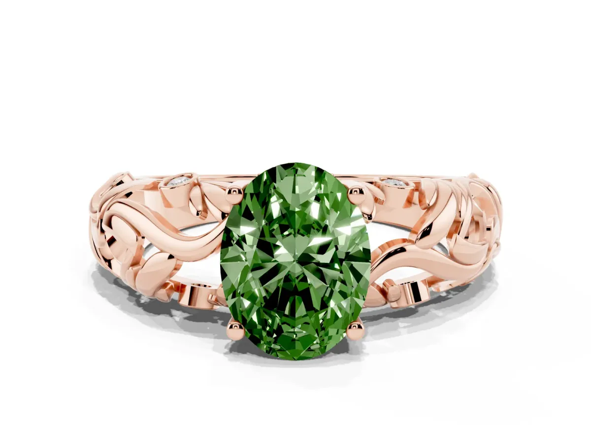 Fancy Green Oval Cut Solitaire Diamond Leaf-Inspired Vine Band Ring with Prong Setting Rose gold