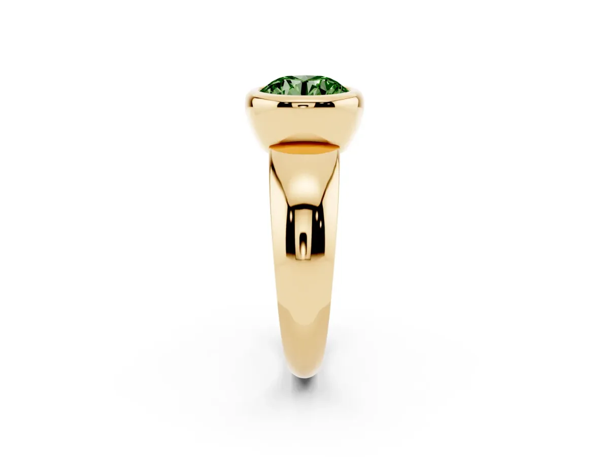 Fancy Green Bezel Set Round Cut Solitaire Ring with Wide Band Yellow gold