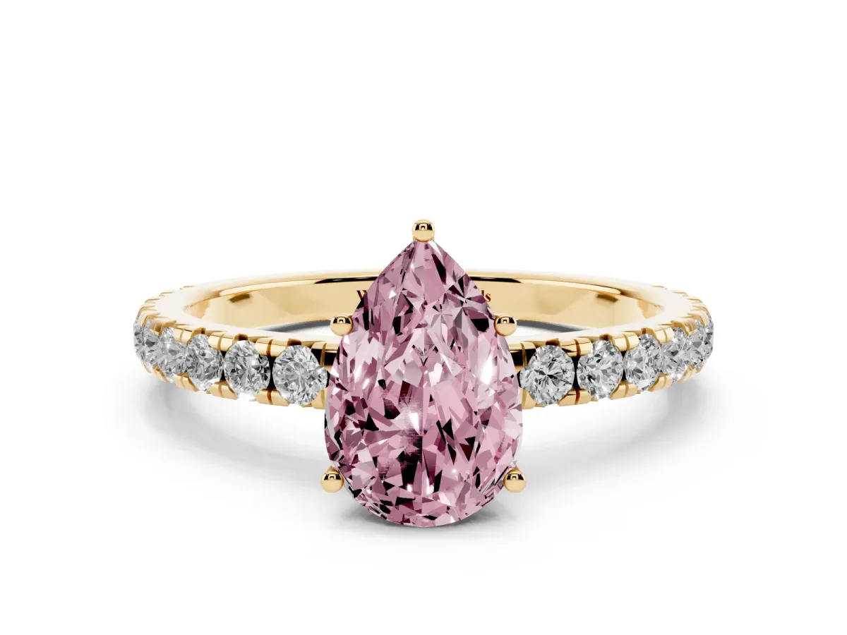 Fancy Pink Pear Cut Diamond Pavé Solitaire Engagement Ring with Four-Prong Setting Yellow gold