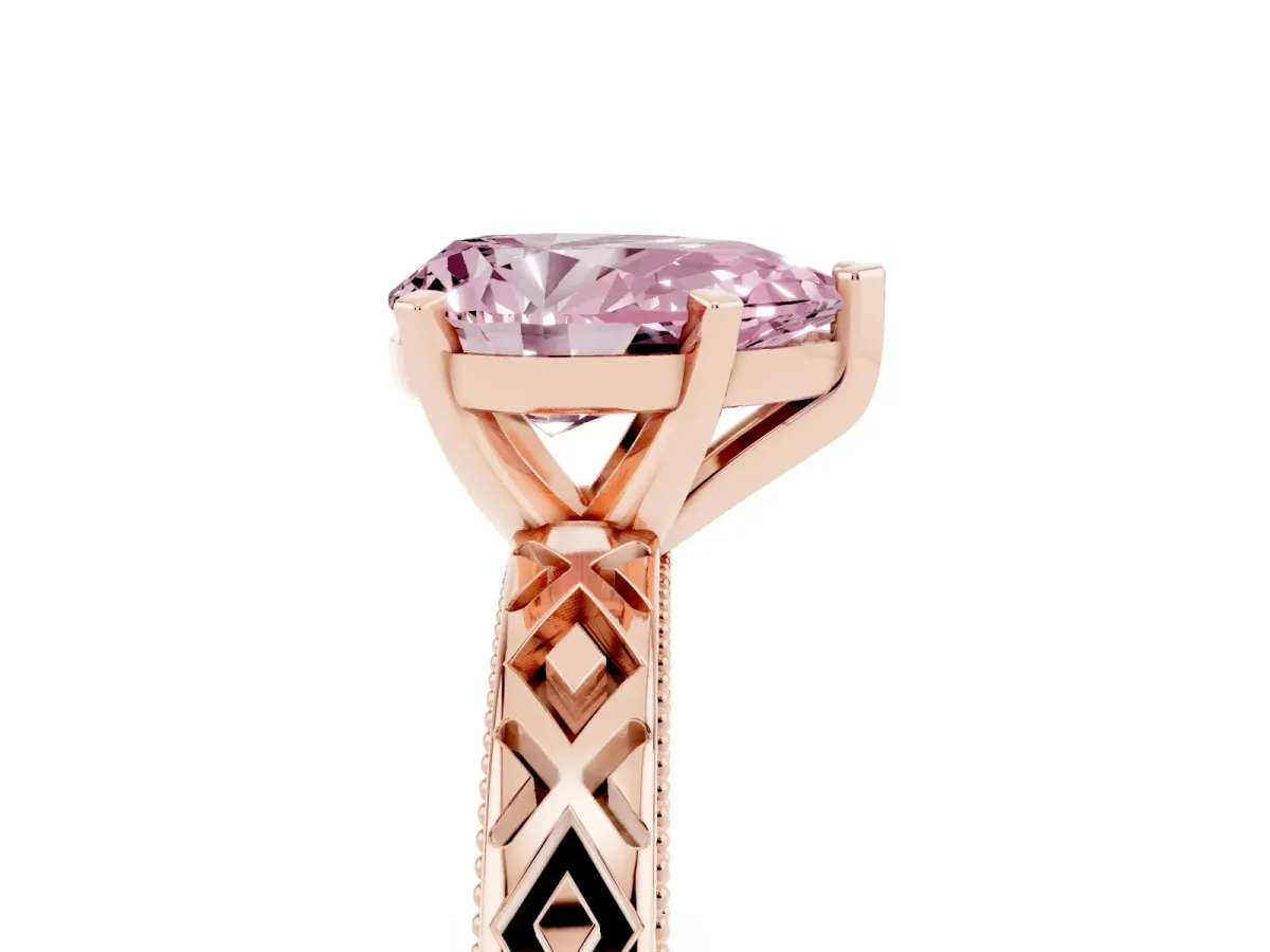 Fancy Pink Pear Cut Solitaire Diamond Ring with Milgrain and Black Enamel X Pattern Band Rose gold