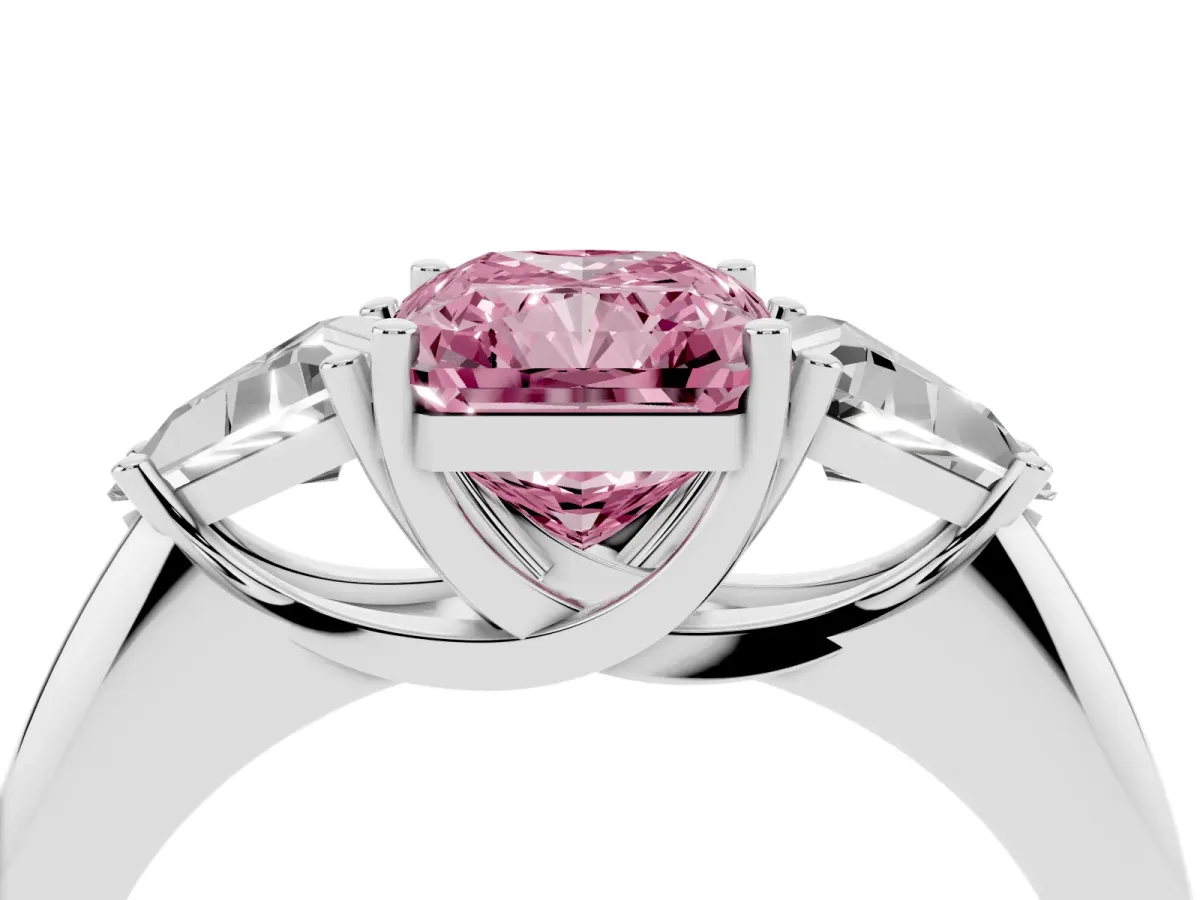 Fancy Pink Three-Stone Radiant Cut Diamond Engagement Ring with Trillion Side Stones and Prong Setting White gold