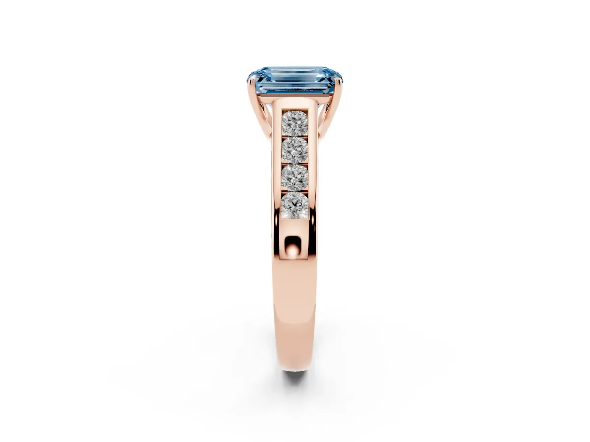 Fancy Blue Emerald Cut Solitaire Channel-Set Diamond Engagement Ring with Four-Prong Setting Rose gold