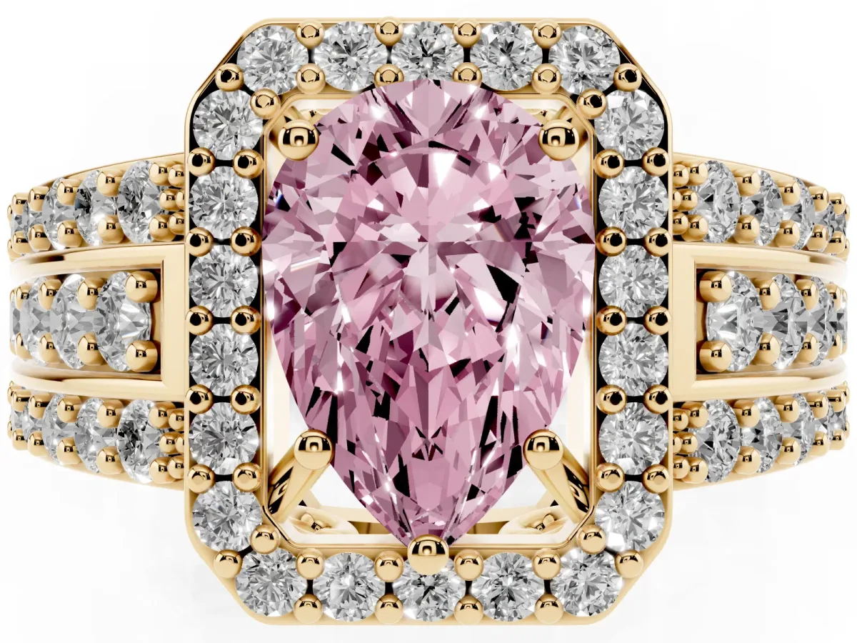 Fancy Pink Pear Cut Halo Diamond Ring with Round Split Shank and Prong Setting Yellow gold