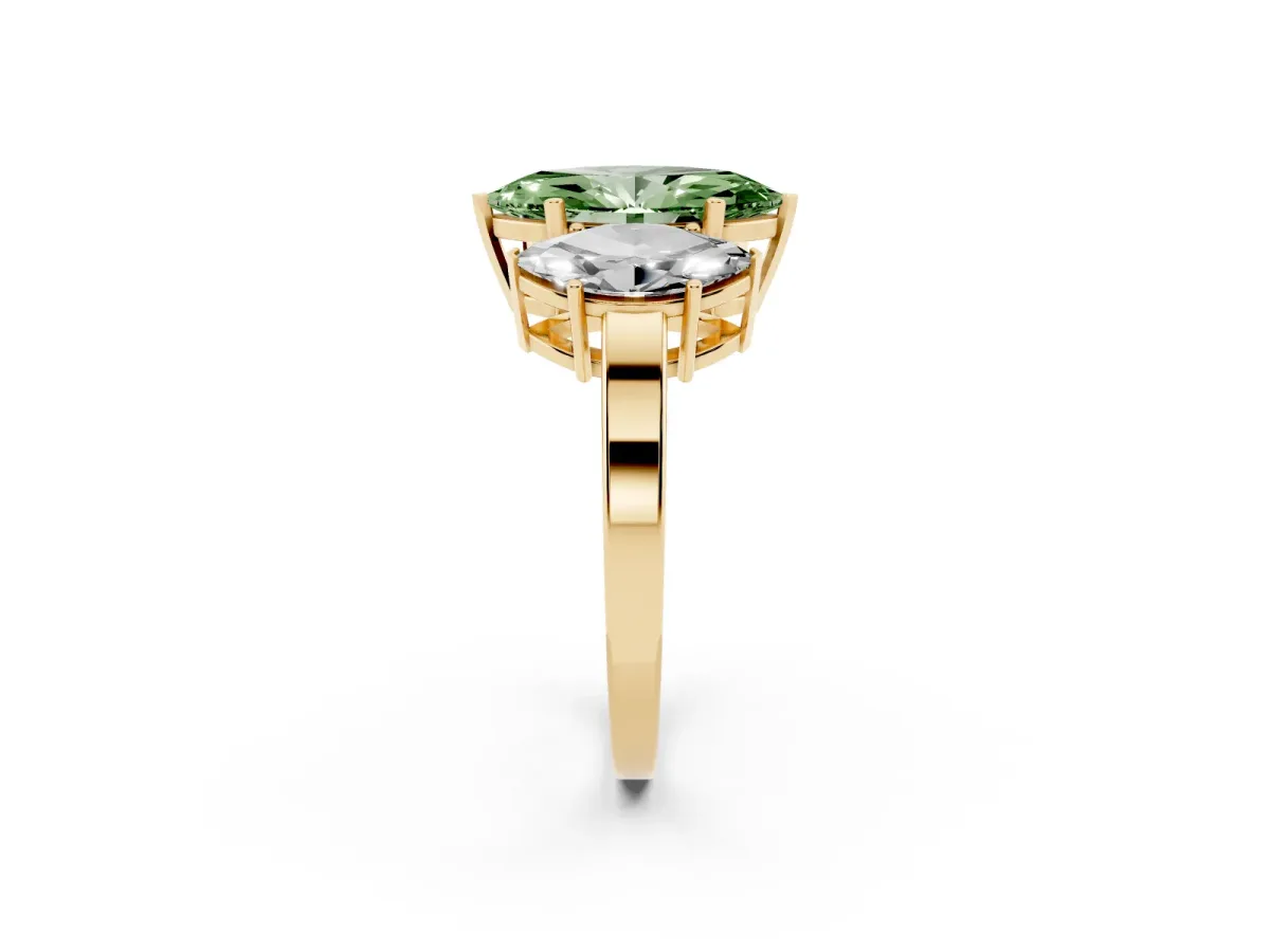 Fancy Green Three-Stone Marquise Cut Cut Diamond Engagement Ring with Flat Band and Four-Prong Setting Yellow gold
