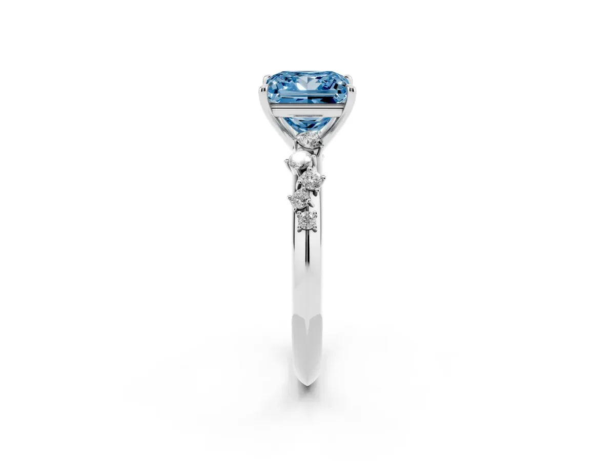 Fancy Blue Princess Cut Diamond Cluster Side Stone Solitaire Ring with Prong Setting Silver
