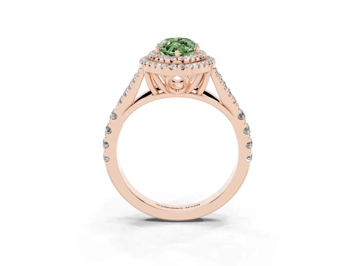 Fancy Green Marquise Cut Cut Double Halo Split Shank Diamond Ring with Prong Setting Rose gold