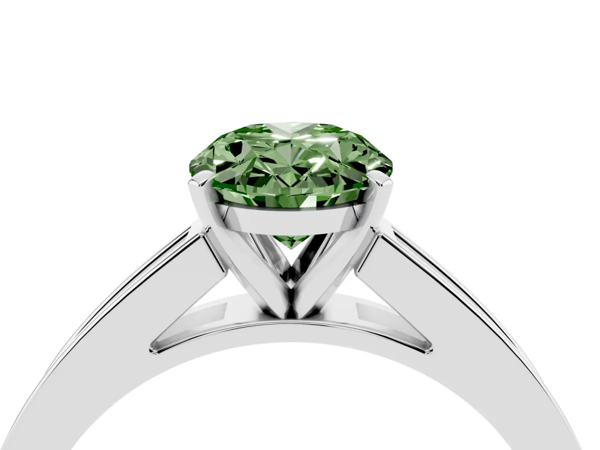 Fancy Green Oval Cut Solitaire Diamond Ring with Channel-Set Band and Four-Prong Setting Silver
