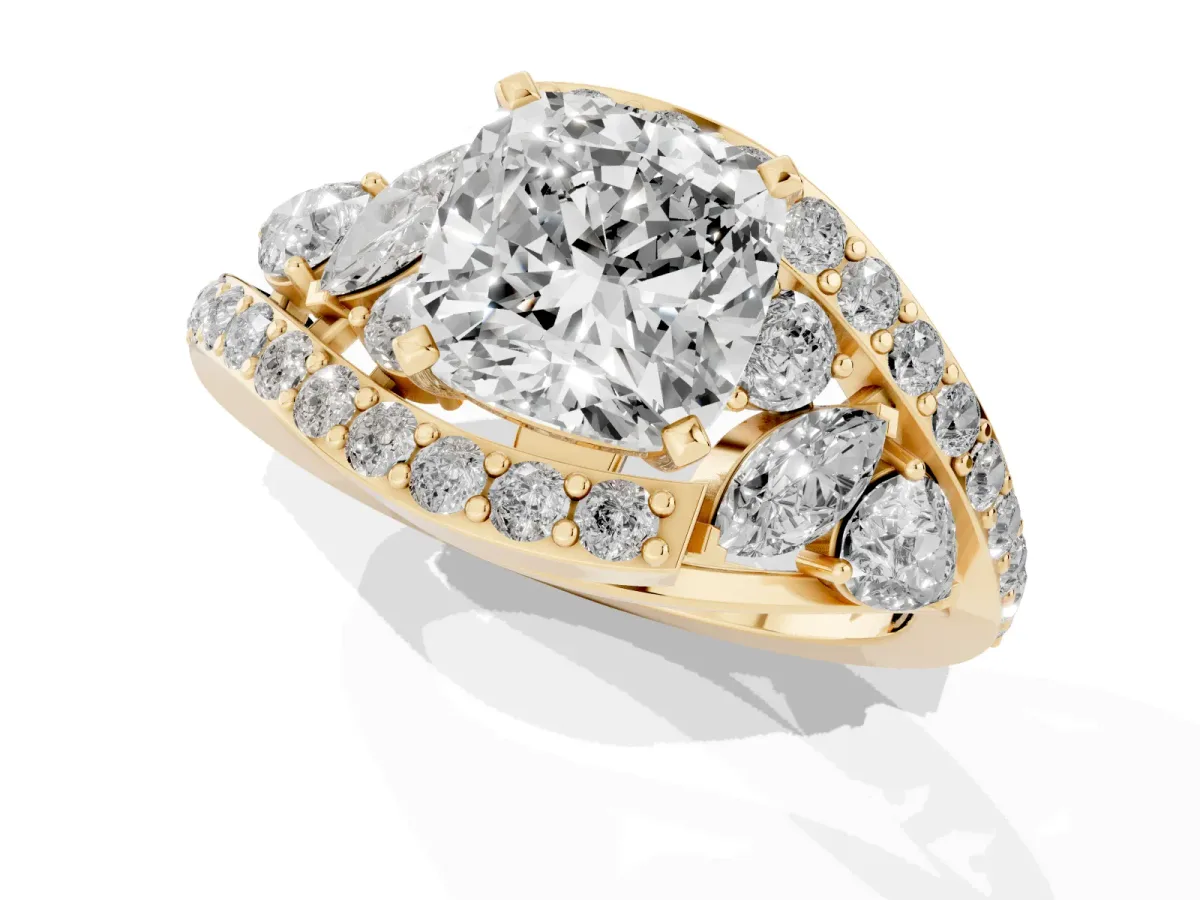 Cushion Cut Diamond Halo Ring with Marquise and Pavé Band in Prong Setting Yellow gold