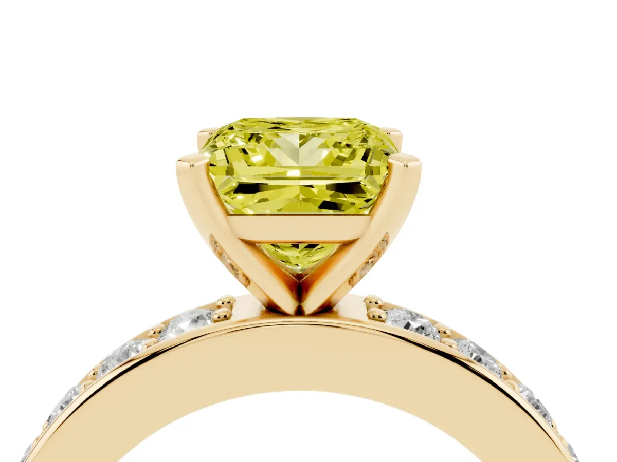 Fancy Yellow Princess Cut Diamond Engagement Ring with Channel Set Round Band and Prong Setting Yellow gold