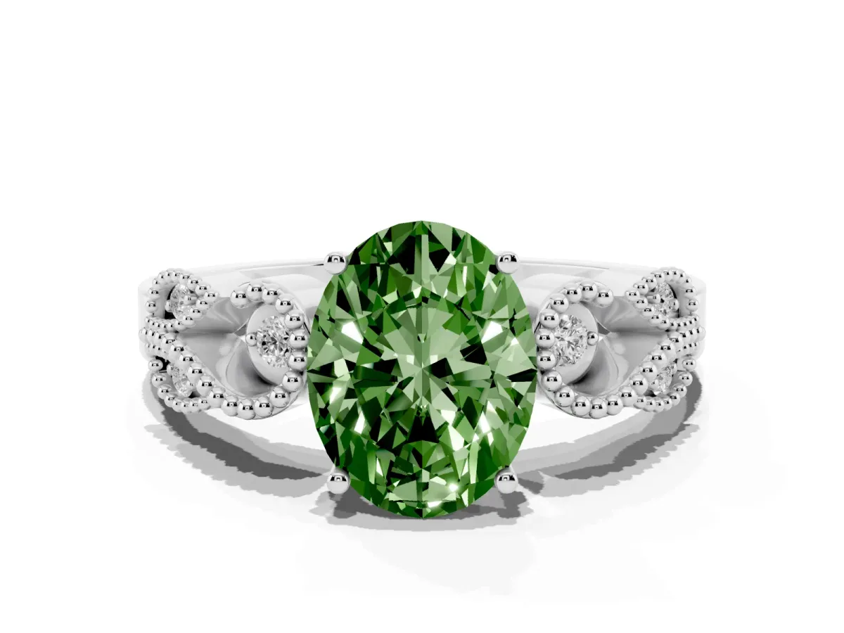 Fancy Green Oval Cut Solitaire Milgrain Leaf Band with Prong Setting Silver