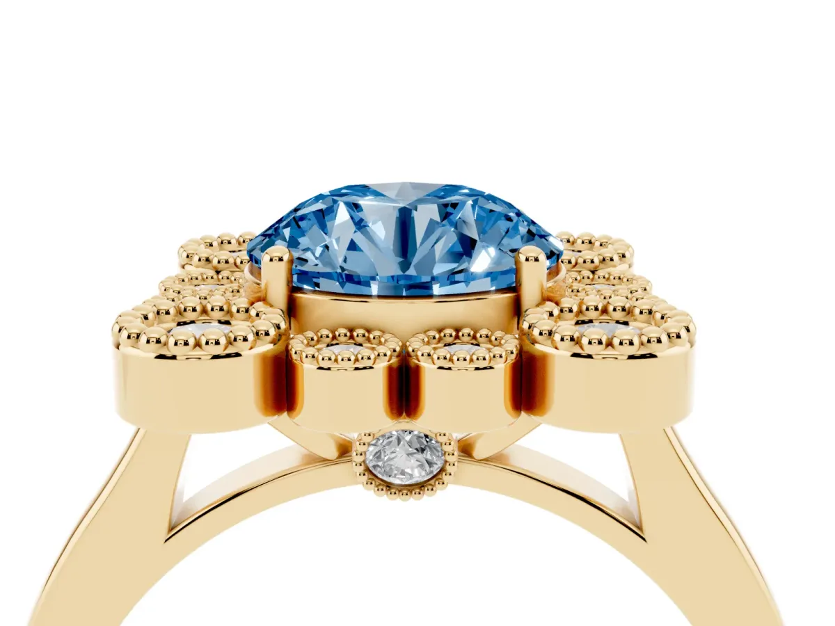Fancy Blue Round Cut Halo Diamond Cluster Engagement Ring with Milgrain Bezel Setting and Solitaire Band Yellow gold