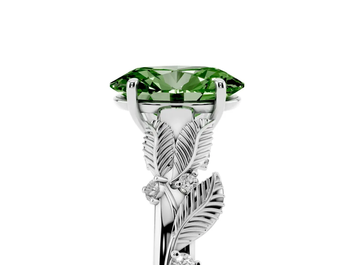Fancy Green Oval Cut Diamond Solitaire Ring with Leaf Motif Band and Four-Prong Setting Silver