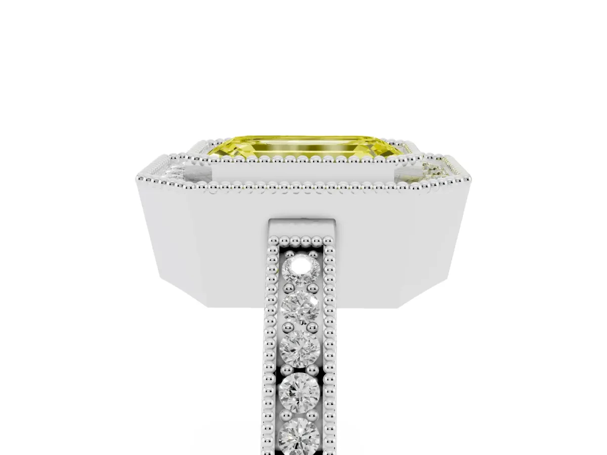 Fancy Yellow Emerald Cut Cut Halo Diamond Ring with Pavé Band and Milgrain Prong Setting White gold