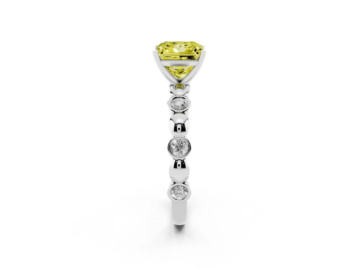 Fancy Yellow Princess Cut Solitaire Bezel-Set Diamond Ring with Beaded Band and Four-Prong Setting Silver