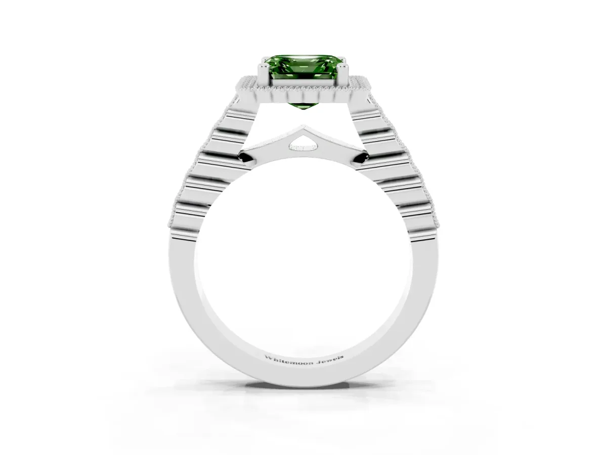 Fancy Green Asscher Cut Cut Halo Pavé Solitaire Ring with Milgrain Band Silver
