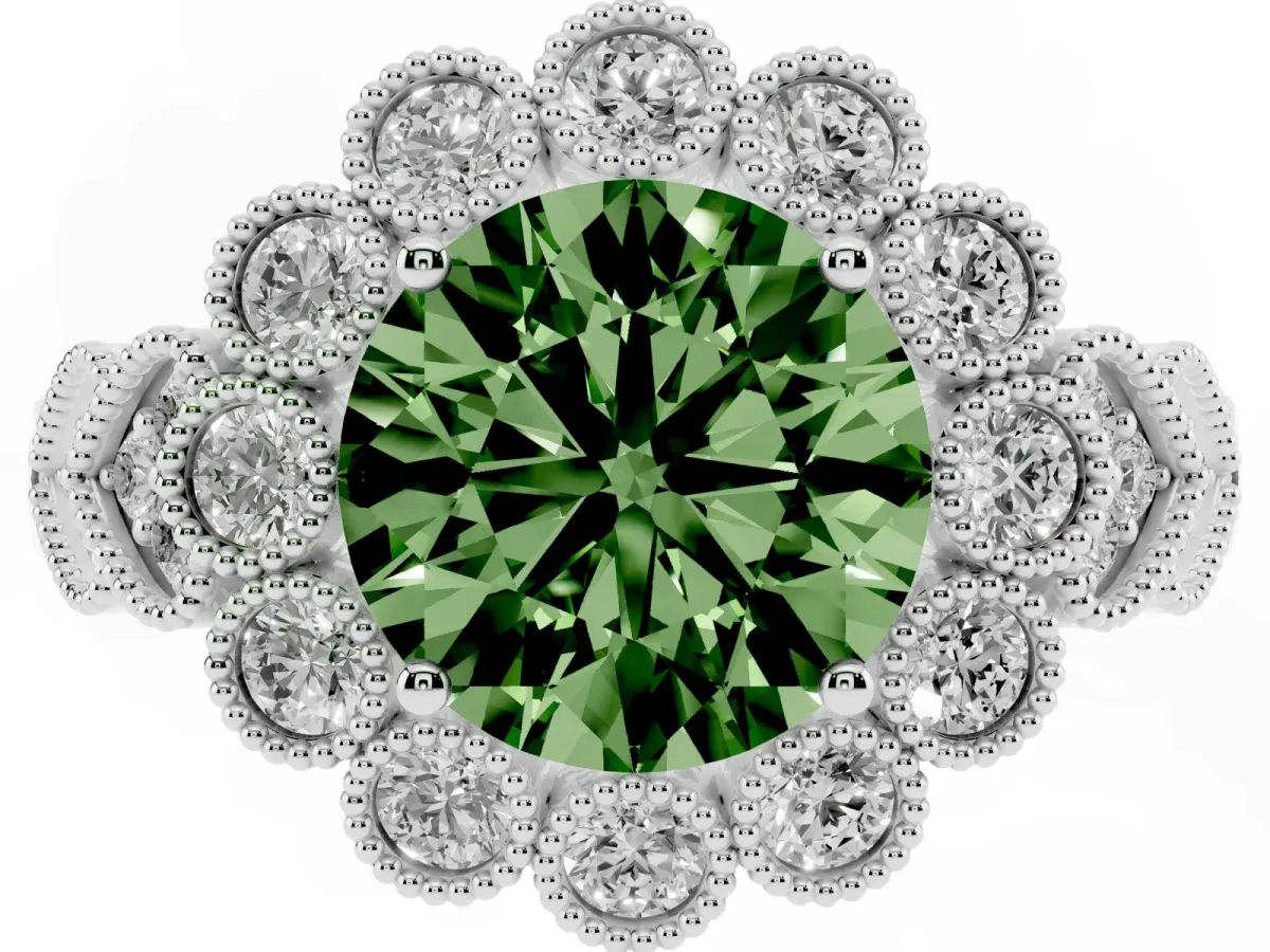 Fancy Green Round Cut Brilliant Milgrain Pave Heart Band Solitaire Ring Platinum