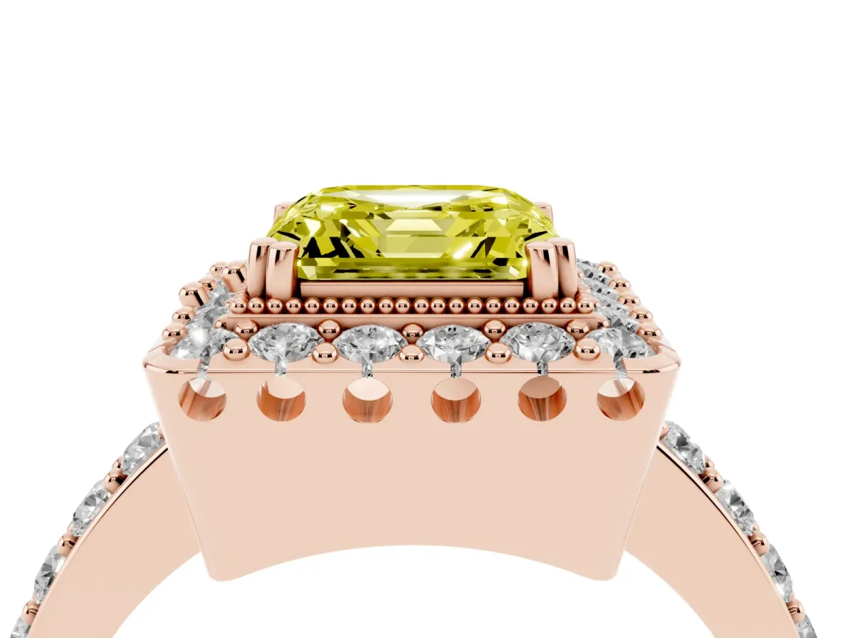 Fancy Yellow Asscher Cut Diamond Halo Ring with Pavé Band and Prong Setting Rose gold