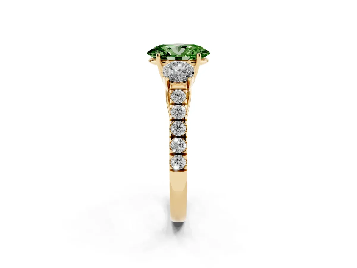 Fancy Green Oval Cut Cut Diamond Three-Stone Ring with Round Side Stones and Pavé Band Yellow gold