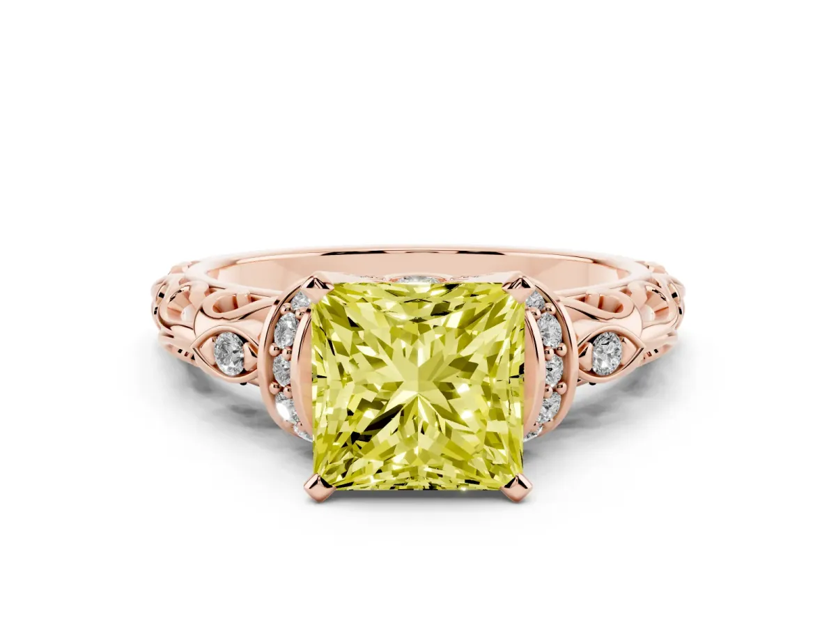 Fancy Yellow Princess Cut Diamond Solitaire Ring with Filigree Band and Four-Prong Setting Rose gold