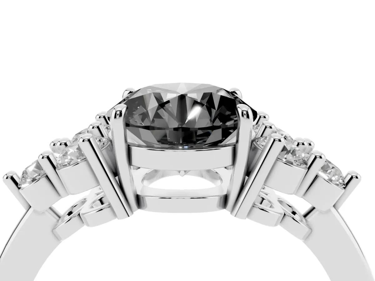 Fancy Black Round Cut Brilliant Diamond Cluster Accent Solitaire Ring with Prong Setting White gold