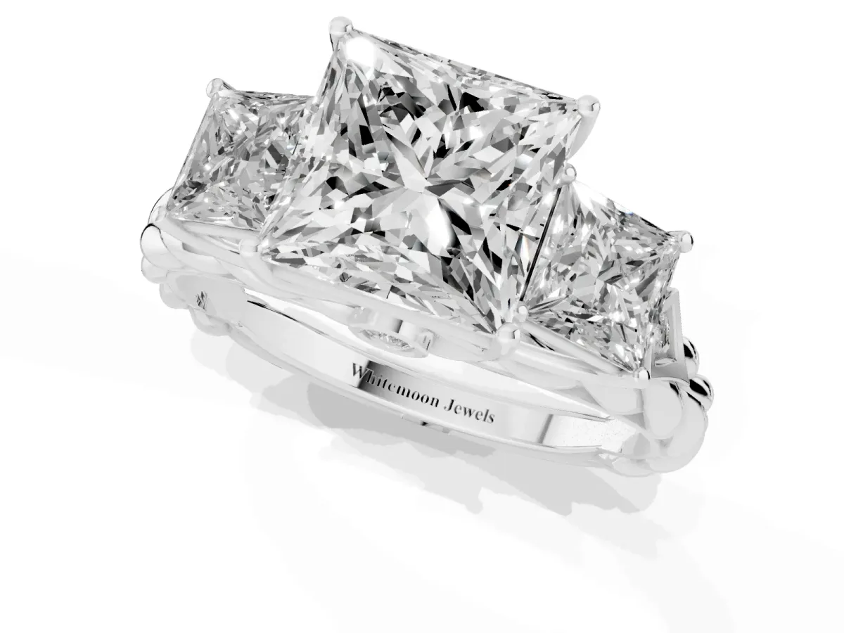 Three-Stone Princess Cut Diamond Braided Band Ring with Four-Prong Setting Platinum