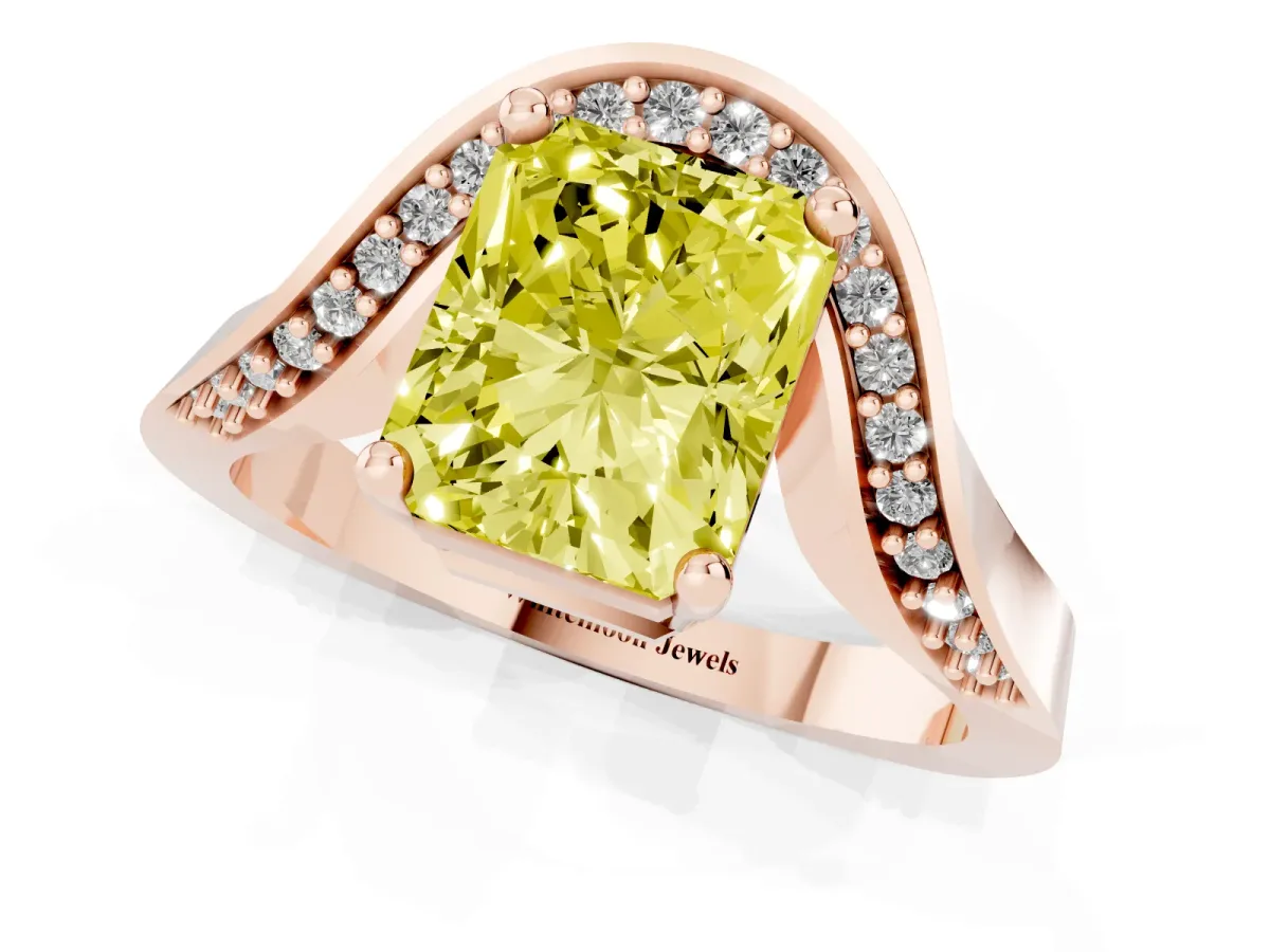Fancy Yellow Radiant Cut Solitaire Diamond Engagement Ring with Pave Band and Four-Prong Setting Rose gold