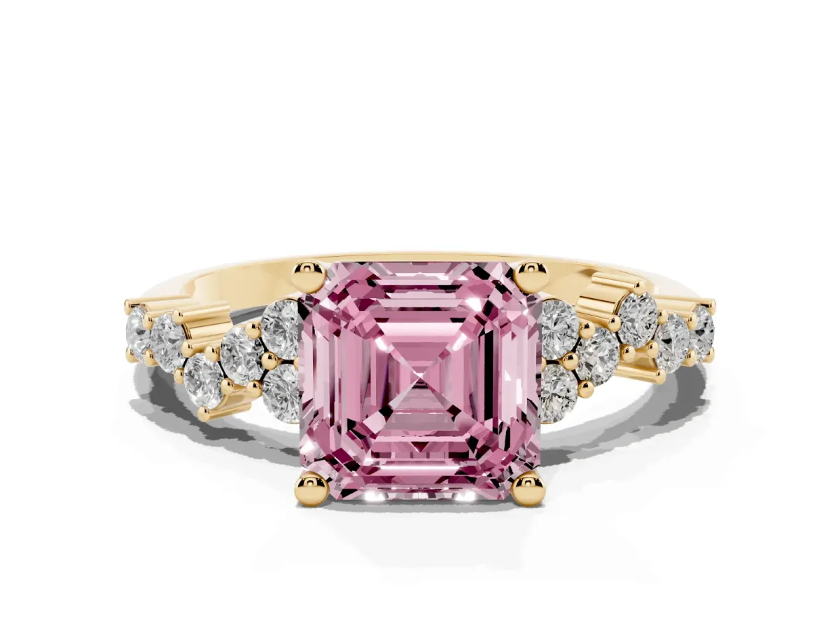 Fancy Pink Asscher Cut Diamond Scattered Round Accent Ring with Prong Setting Yellow gold