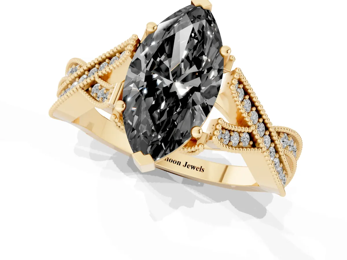 Fancy Black Marquise Cut Cut Diamond Twisted Band with Milgrain Pave Setting and Four-Prong Setting Yellow gold