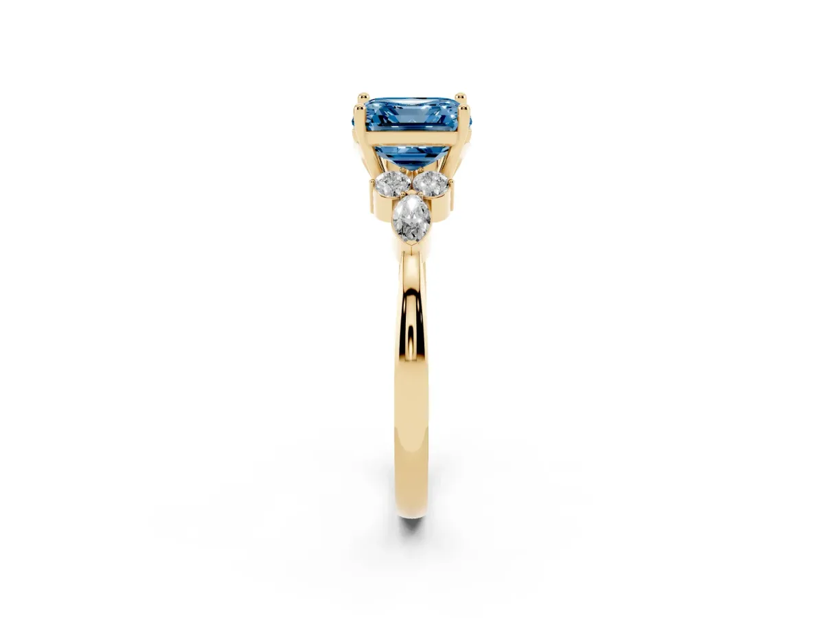 Fancy Blue Asscher Cut Brilliant Diamond Solitaire Ring with Pear Side Stones and Four-Prong Setting Yellow gold