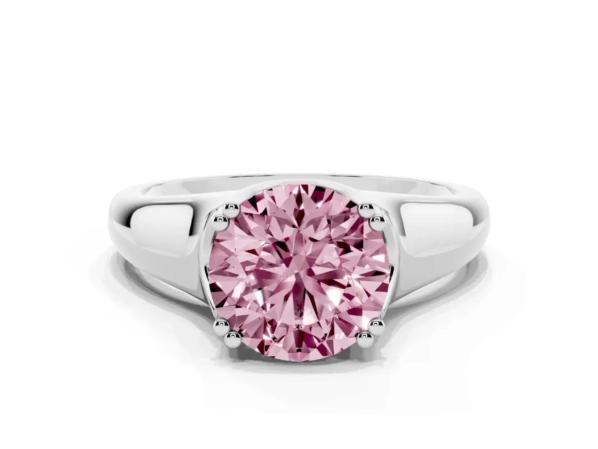 Fancy Pink Round Cut Diamond Solitaire Ring with Wide Band and Prong Setting Silver