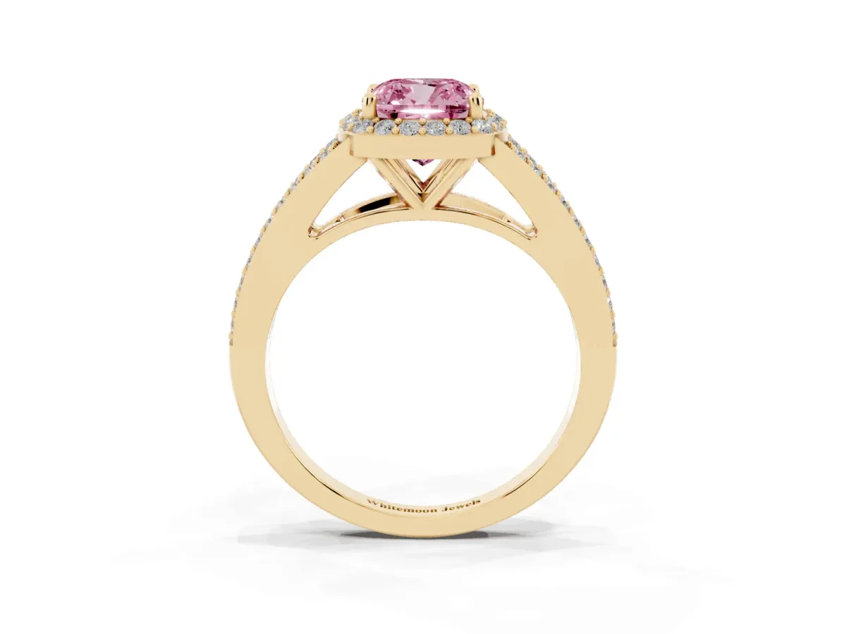 Fancy Pink Cushion Cut Halo Split Shank Diamond Ring with Prong Setting Yellow gold