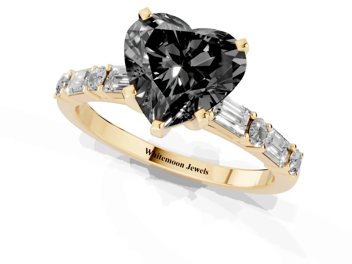 Fancy Black Heart Cut Diamond Solitaire with Side Baguettes and Channel Set Band Yellow gold