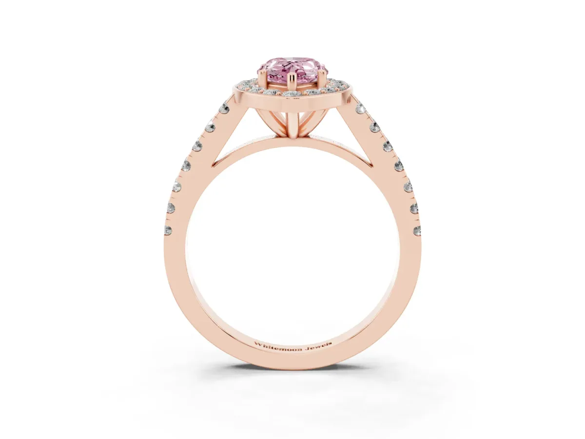 Fancy Pink Pear Cut Diamond Halo Ring with Round Pavé Split Shank and Prong Setting Rose gold