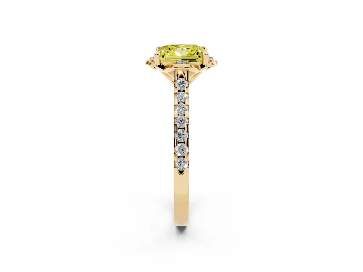 Fancy Yellow Princess Cut Diamond Ring with Pavé Band and Floral Prong Setting Yellow gold