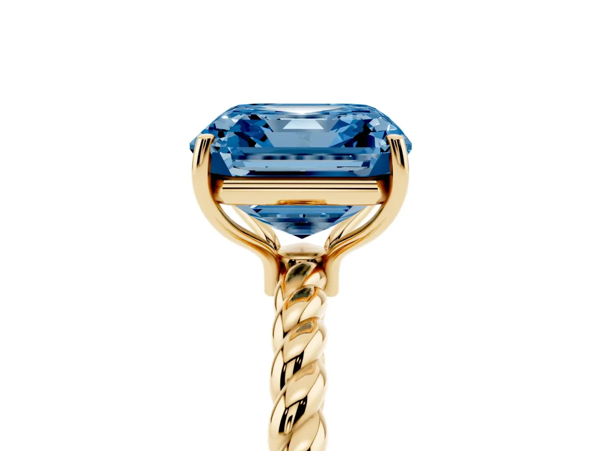 Fancy Blue Asscher Cut Solitaire Twist Band Ring with Four-Prong Setting Yellow gold