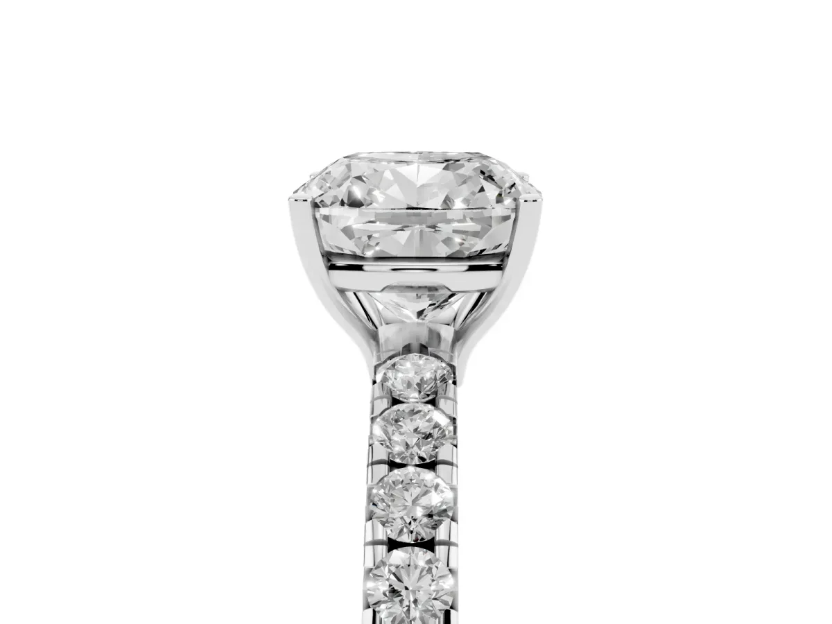 Cushion Cut Diamond Pavé Solitaire Engagement Ring with Four-Prong Setting Platinum